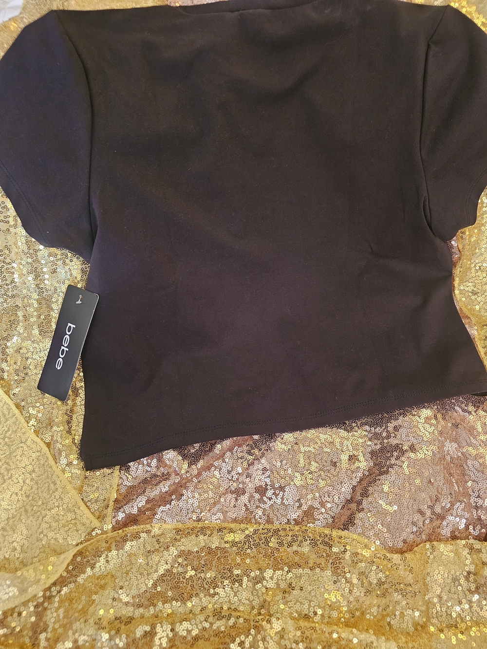 bebe Black Crop Top with Gold Script Logo - Picture 2 of 2